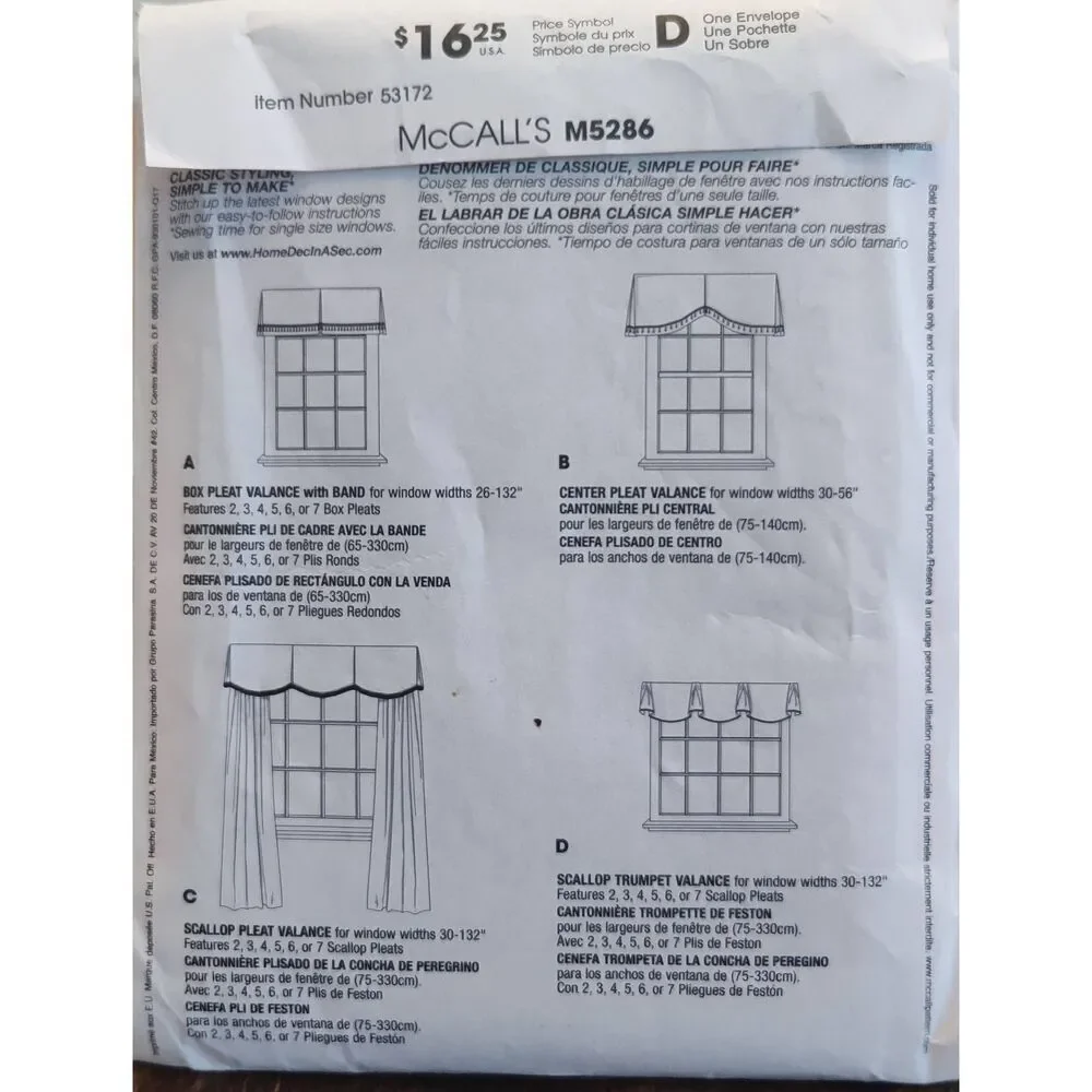 McCall's M5286 Valances 4 Styles Home Dec in a Sec Sewing Patterns UNCUT
